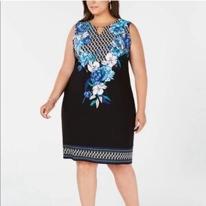 Women Dress JM Collection Keyhole Blue Floral Sheath Dress Sleeveless Midi Dress